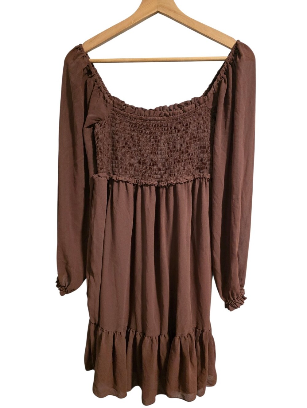 Ardene Smocked Puff Sleeve Chiffon Mini Dress Sheer Sleeves Size S Brown